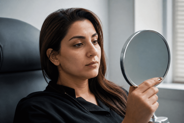 زن با آینه بینی در کلینیک